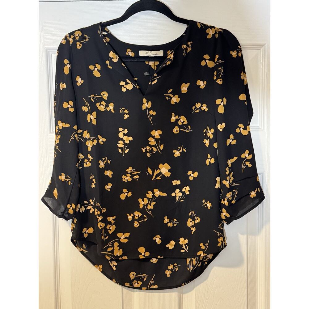 Les Serein Black Floral Blouse 3/4 Sleeve - Women's Size XS
